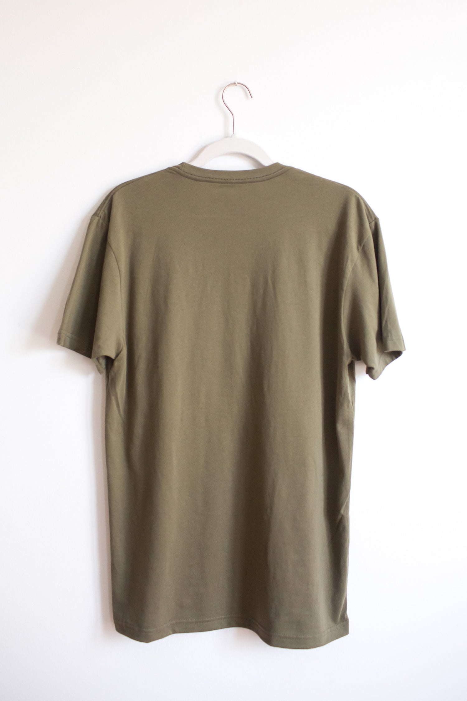 Back of dusty green sueded crewneck tee.