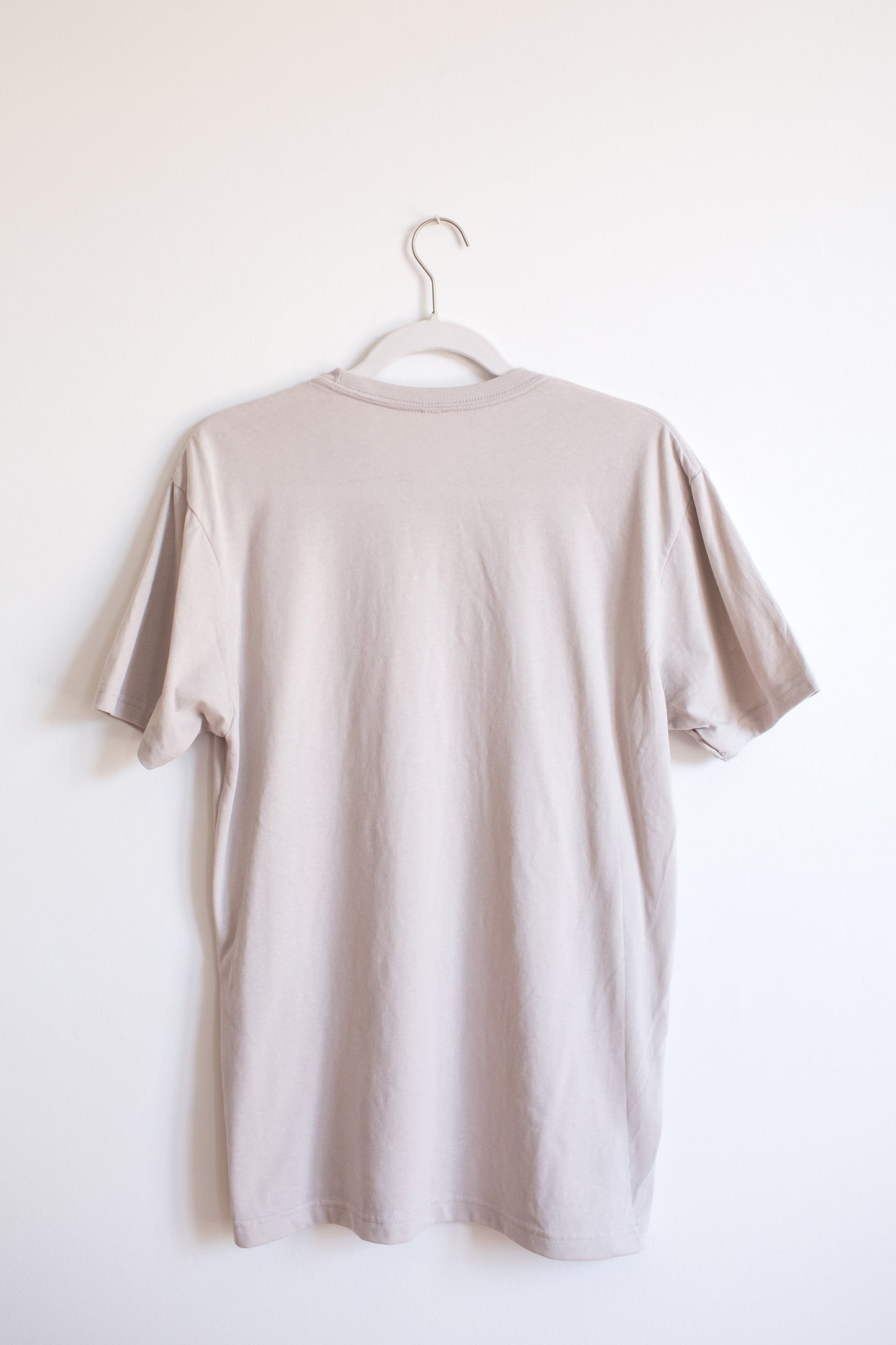 Hanging shot of back of light grey sueded crewneck tee.