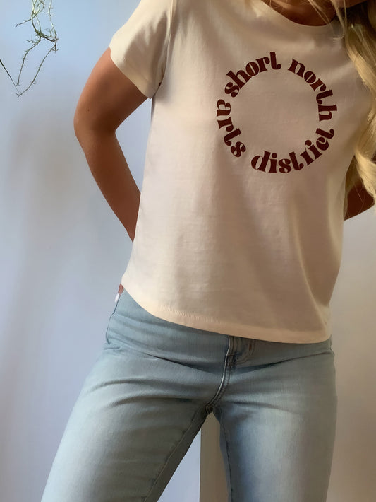 High-Waisted cream tee with Short North Arts District Columbus, Ohio circular graphic on front