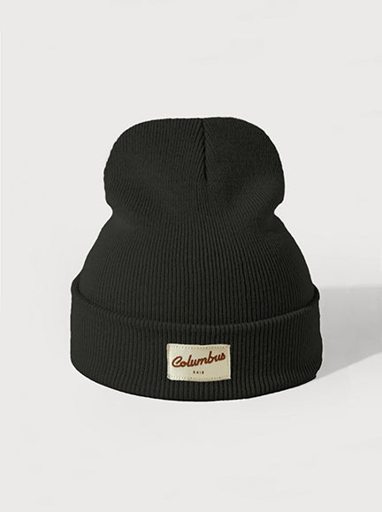 Black cuffed knit beanie with Columbus, Ohio patch at center front.