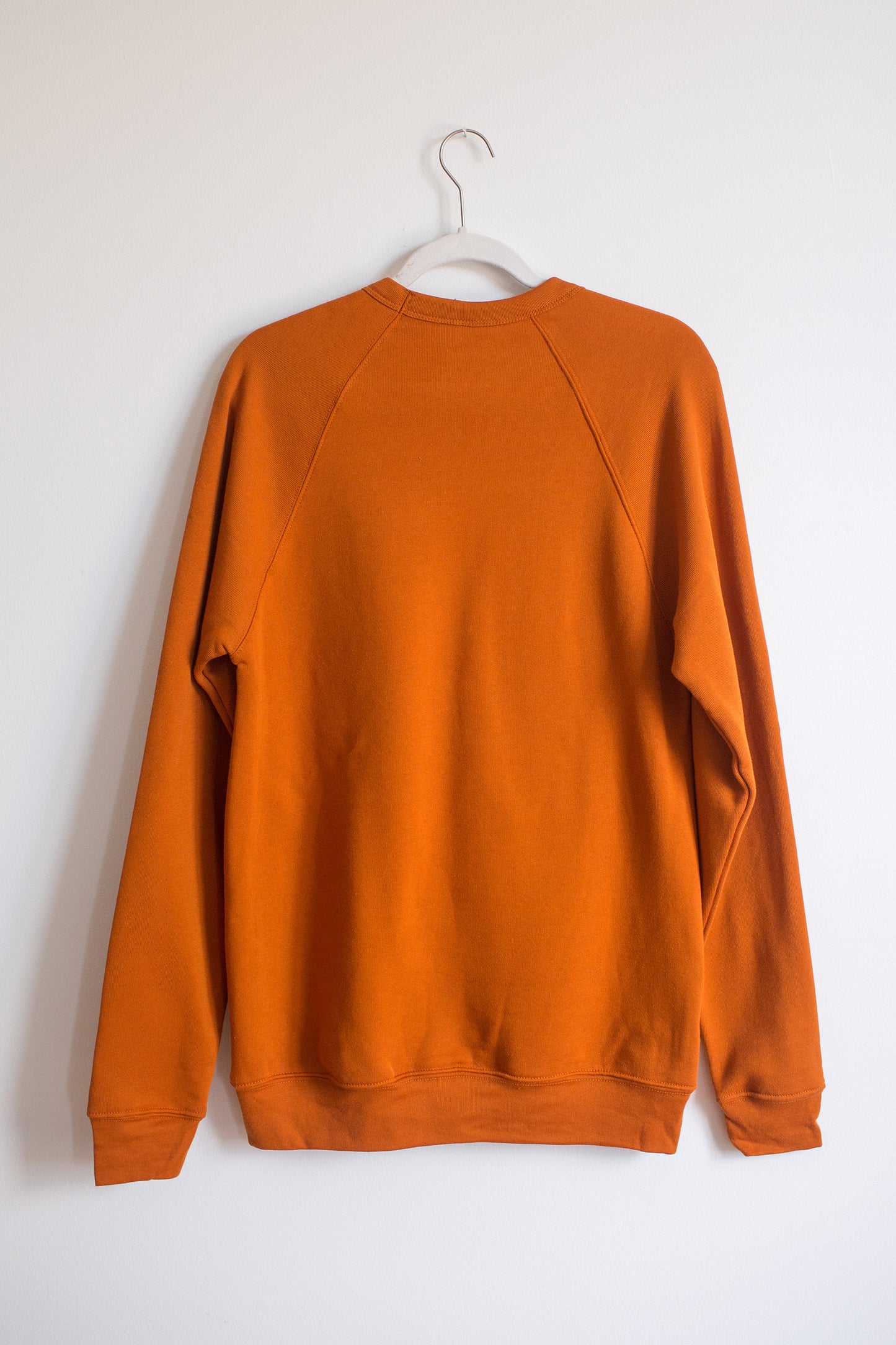 Back of rust colored crewneck sweatshirt with raglan sleeves.