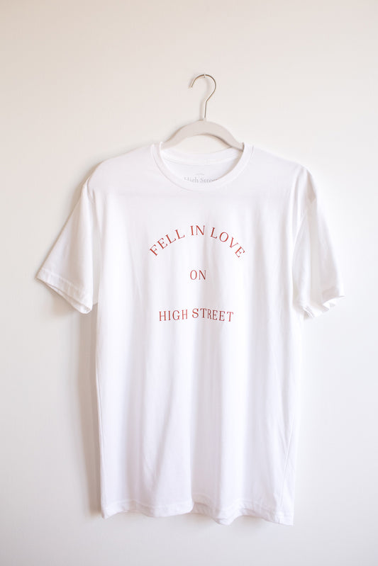 White sueded crewneck tshirt with Fell In Love On High Street graphic at front