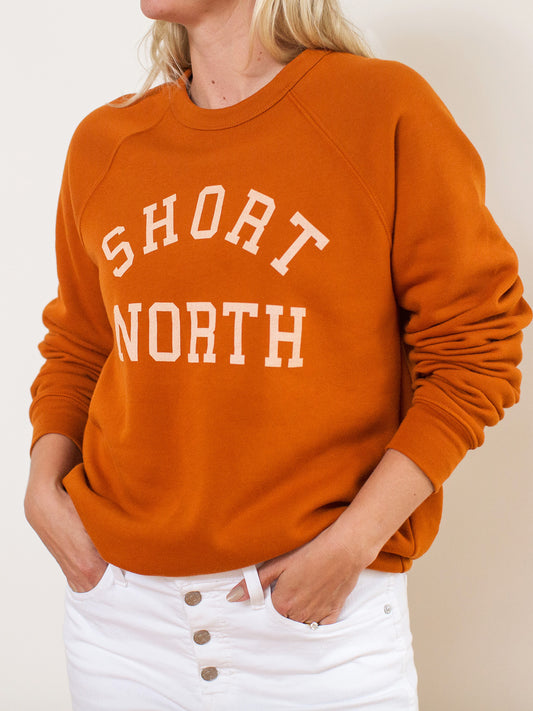 Model wearing rust colored crewneck sweatshirt with Short North Columbus, Ohio graphic at front